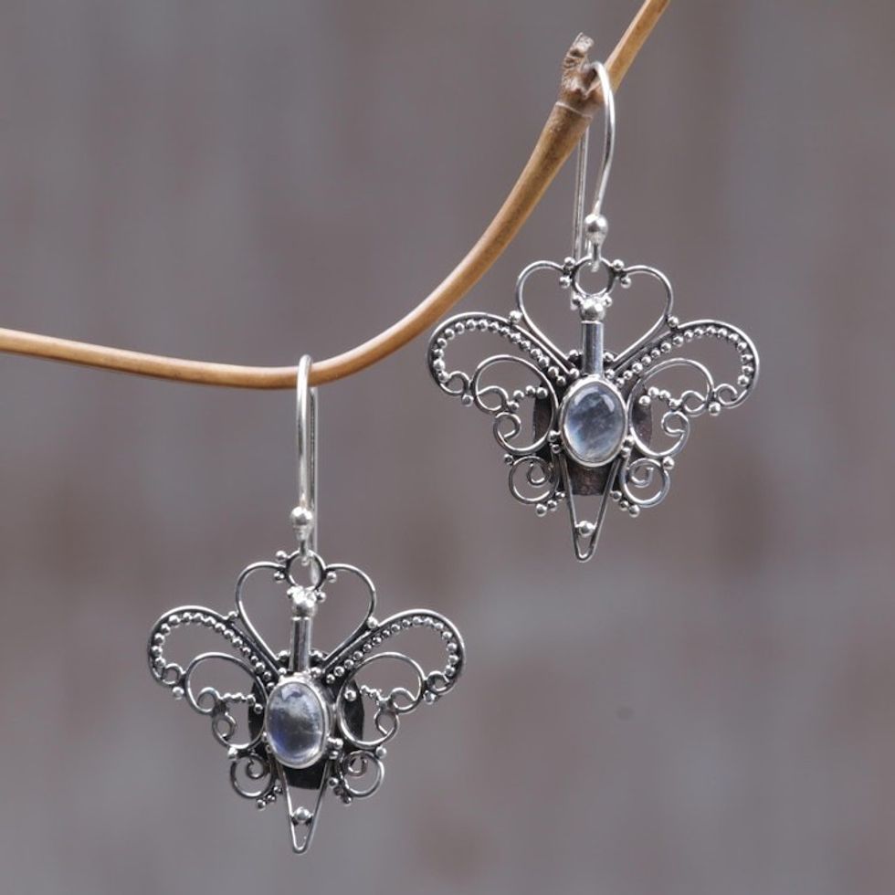 Rainbow Moonstone Sterling Silver Dangle Earrings 'Butterfly Love'