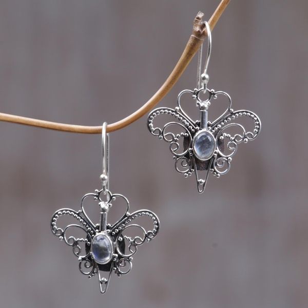 Alternate image for Rainbow Moonstone Sterling Silver Dangle Earrings Butterfly Love