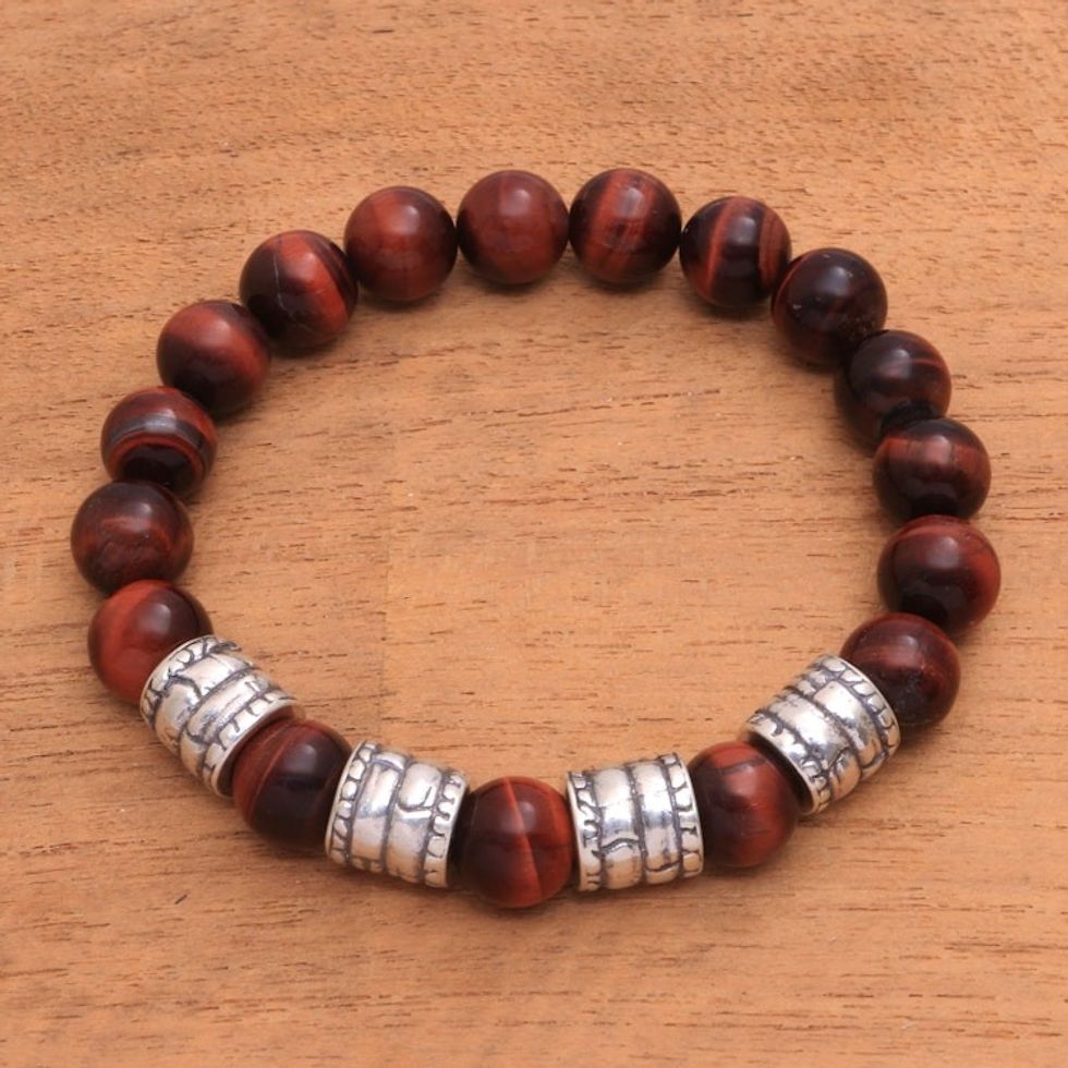 Men's Tiger's Eye Beaded Stretch Bracelet from Bali 'Sunrise Bark'