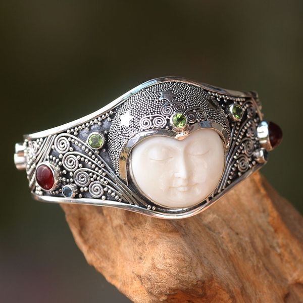 Alternate image for Handmade Cuff Bracelet with Gemstones, Bone, and Silver Moon Queen