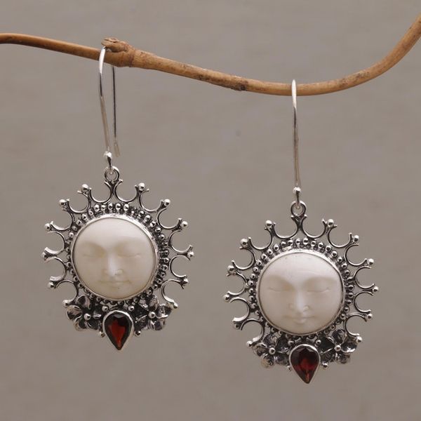 Alternate image for Handcrafted Sun-Themed Garnet Dangle Earrings from Bali Sunny Soul