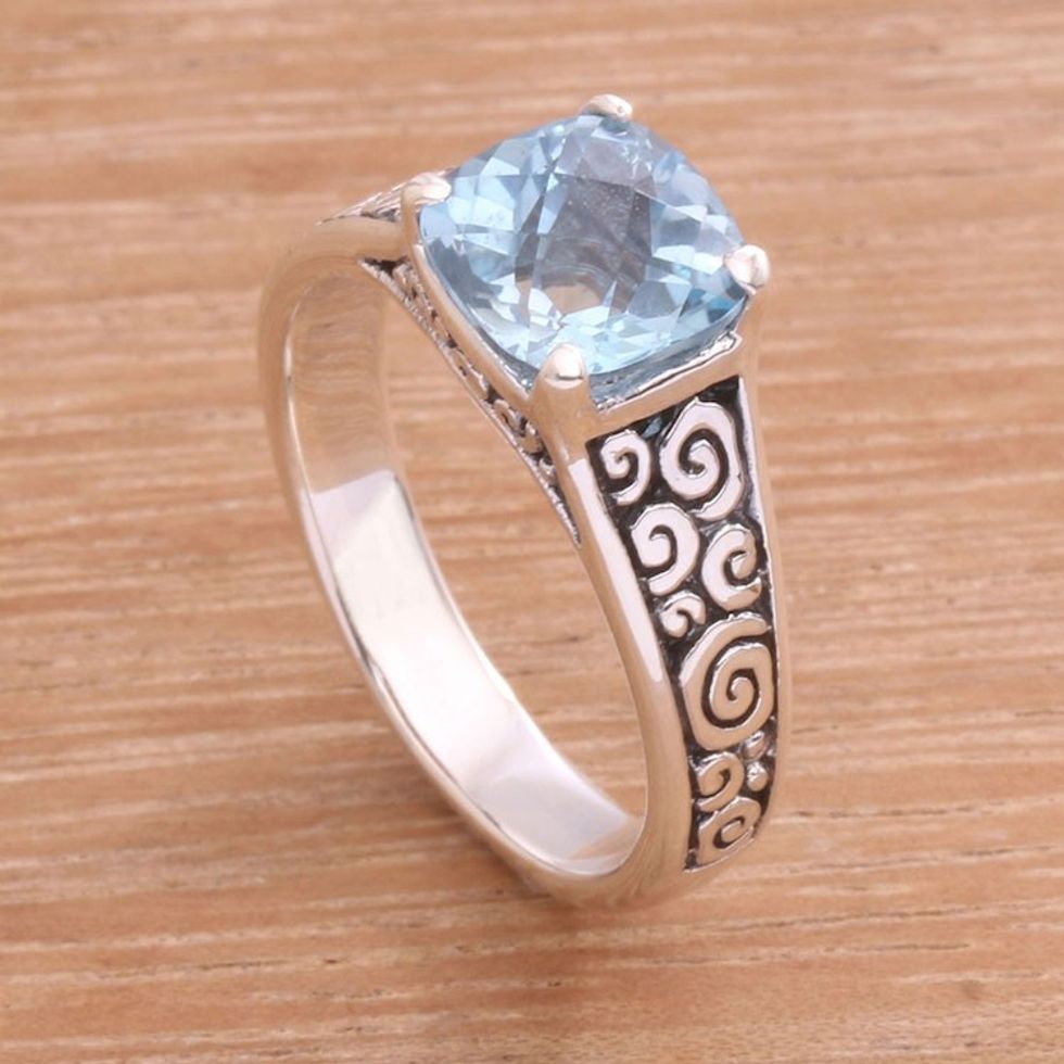 Blue Topaz and Sterling Silver Swirl Motif Solitaire Ring 'Sparkling Heavens'