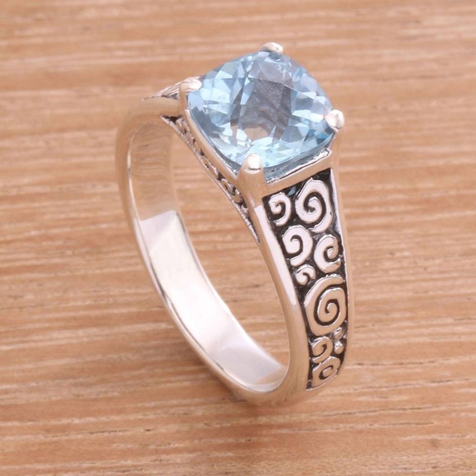Blue Topaz and Sterling Silver Swirl Motif Solitaire Ring 'Sparkling Heavens'