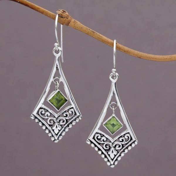 Alternate image for Handmade Sterling Silver Green Peridot Dangle Earrings Gianyar Dangle