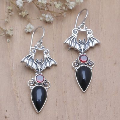 Alternate image for Bat-Themed Sterling Silver Dangle Earrings with Garnet Stone Winged Appeal