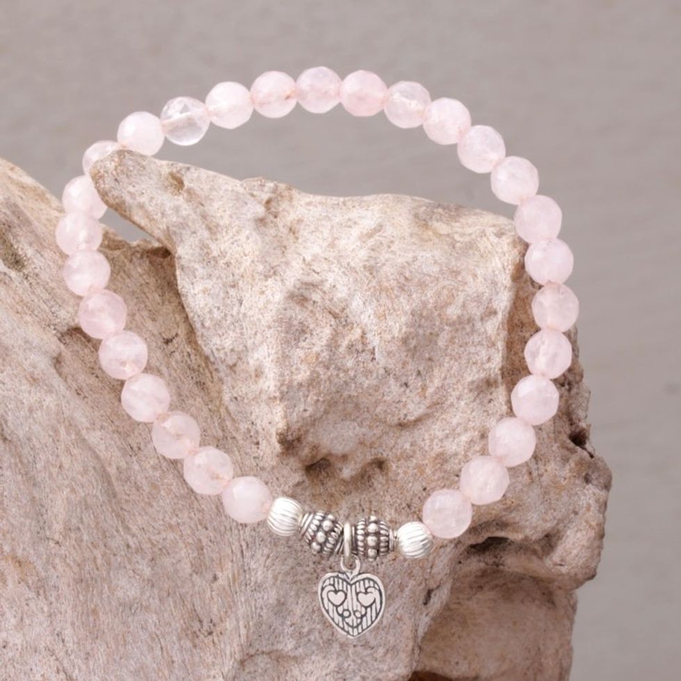 Rose Quartz 925 Silver Heart Charm Bracelet from Bali 'Sentimental Charm'