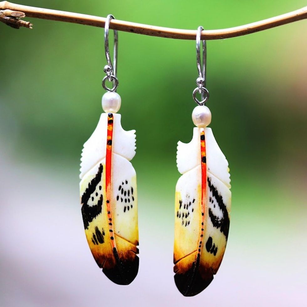 Cultured Pearl Feather Dangle Earrings from Bali 'Stunning Feathers'