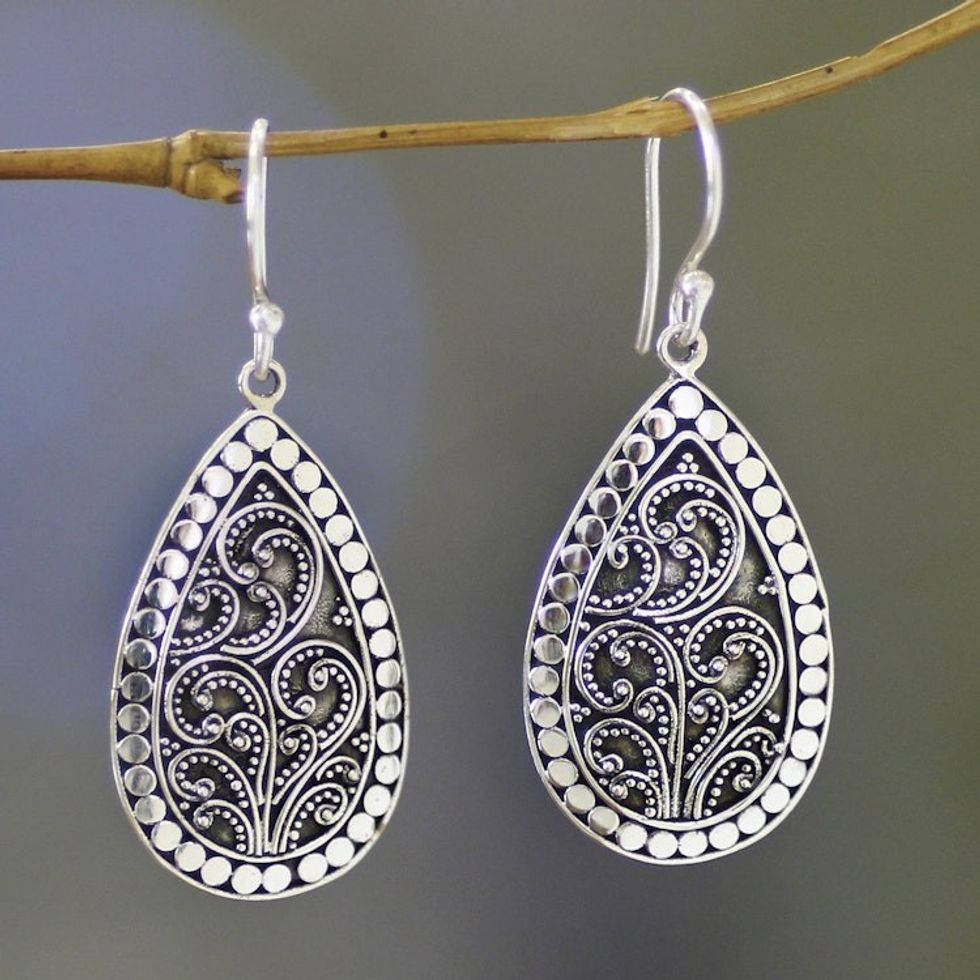 Balinese Style Sterling Silver Dangle Earrings 'Balinese Fern'