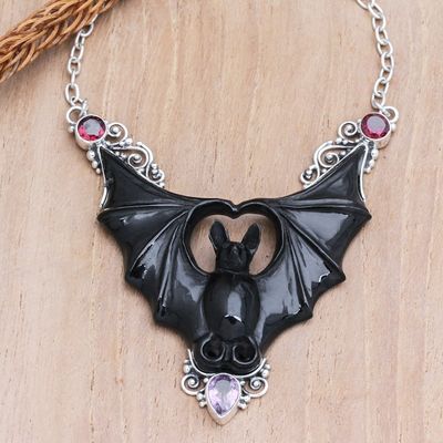 Alternate image for Horn Amethyst Garnet  Sterling Silver Bat Pendant Necklace Midnight Bat
