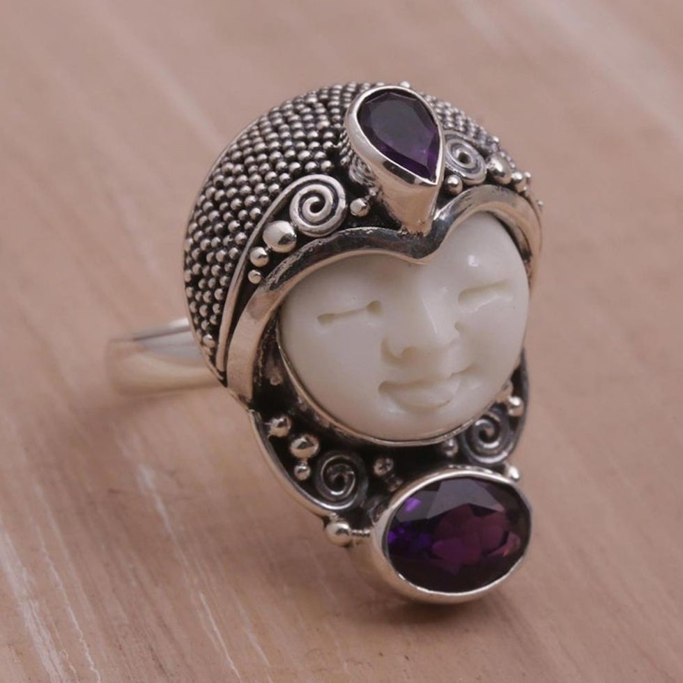 Amethyst and 925 Silver Face Shaped Ring from Bali 'Moonlight Prince'