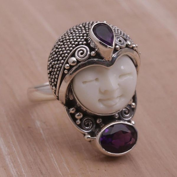 Alternate image for Amethyst and 925 Silver Face Shaped Ring from Bali Moonlight Prince
