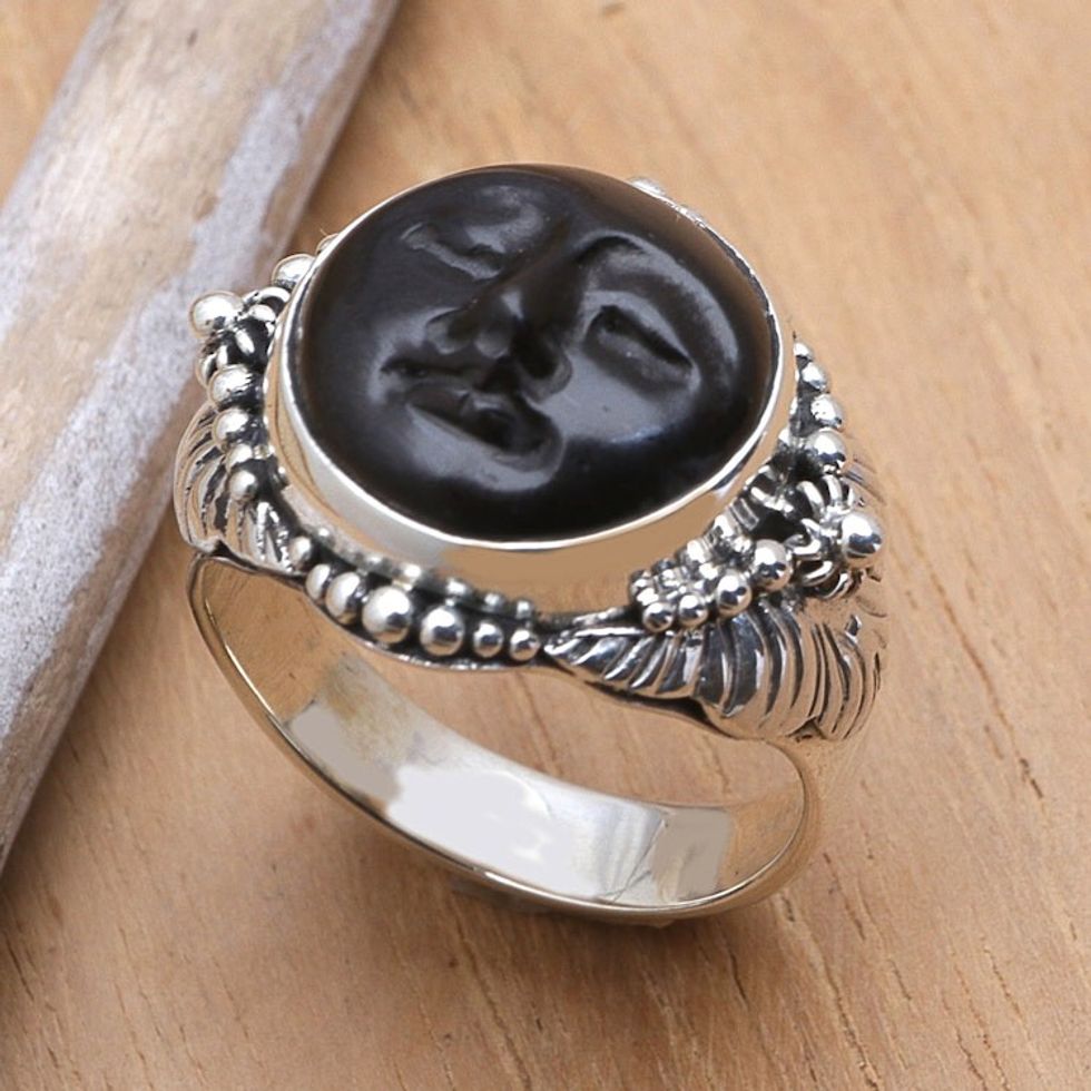 Hand Crafted Ebony Wood and Silver Cocktail Ring 'Amun Ra'