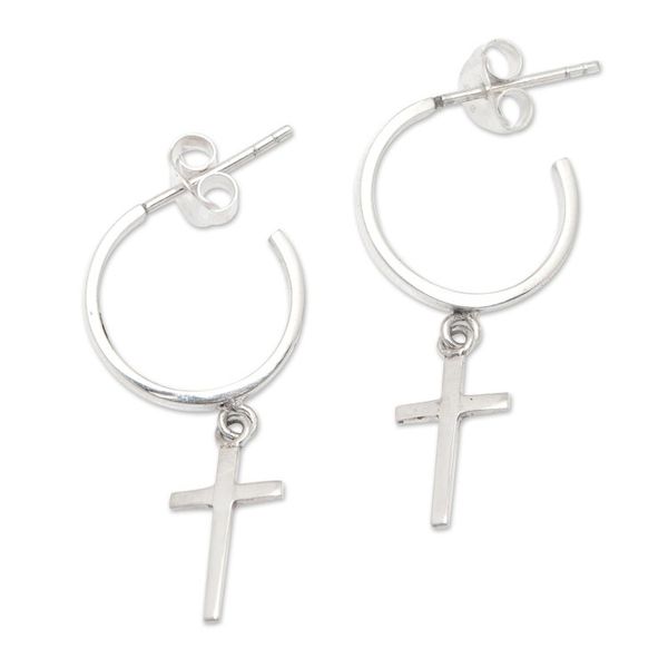 Alternate image for Cross-Themed Modern Sterling Silver Half-Hoop Earrings Balance Cross