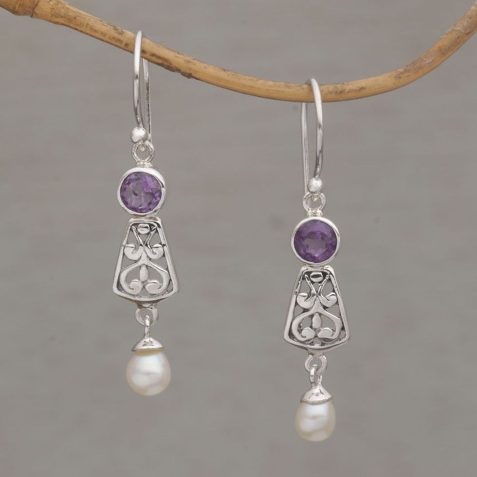 Hook Earrings with Amethyst and Cultured Pearl 'Gracious Offering'