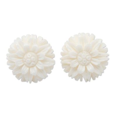 Alternate image for Hand-Carved Floral Button Earrings with Sterling Silver Post Pure Spring