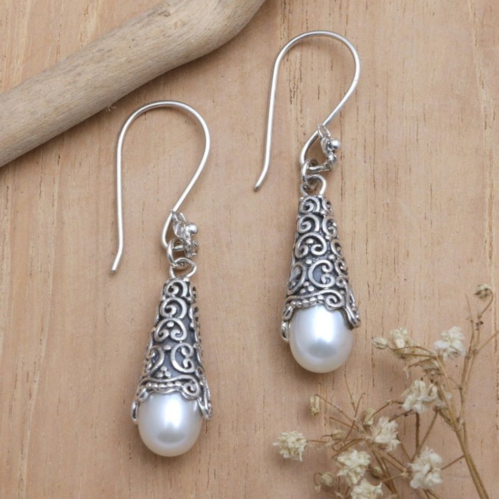 Sterling Silver and Cultured Pearl Dangle Earrings 'White Arabesque Dewdrop'