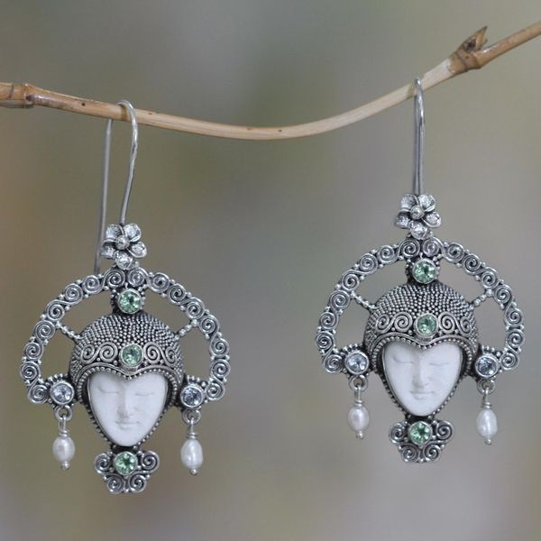 Alternate image for Blue Topaz and Cow Bone Silver Earrings Queen of Plumeria