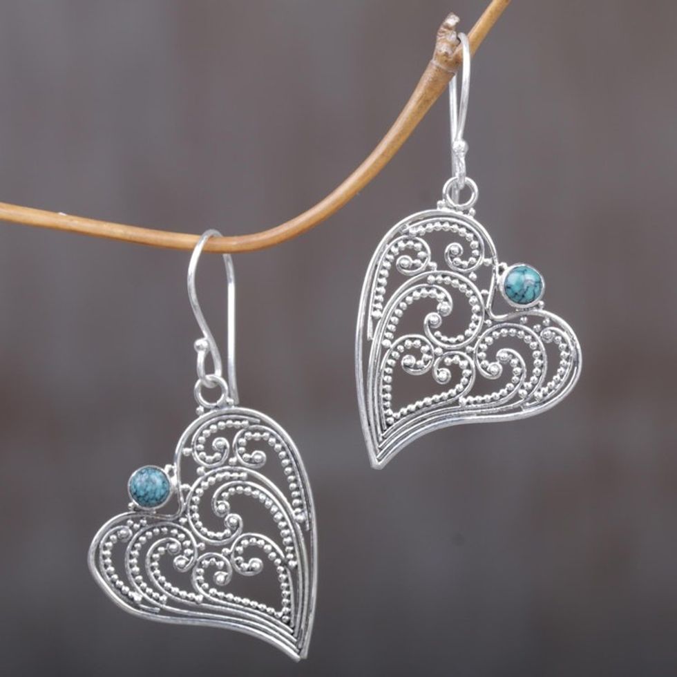 Sterling Silver and Reconstituted Turquoise Dangle Earrings 'Leaf Heart'