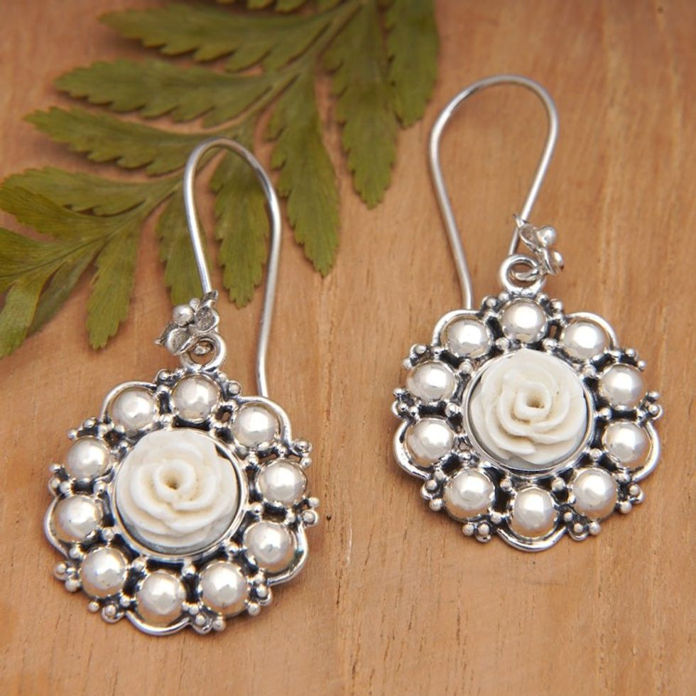 Rose-Themed Polished Sterling Silver Dangle Earrings 'Bohemian Rose'