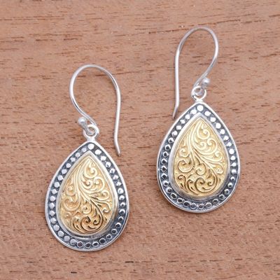 Alternate image for Swirl Pattern Gold Accented Sterling Silver Dangle Earrings Droplet Frames