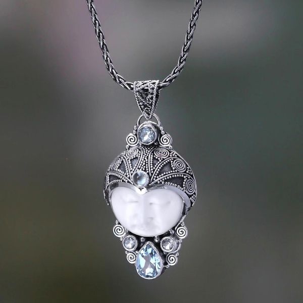Alternate image for Carved Bone and Blue Topaz Silver Pendant Necklace Dayang Sumbi
