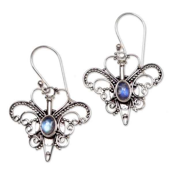 Alternate image for Rainbow Moonstone Sterling Silver Dangle Earrings Butterfly Love