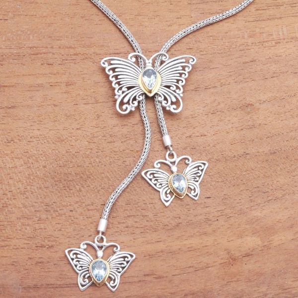 Alternate image for Gold Accented Blue Topaz Butterfly Lariat Necklace Butterfly Trio