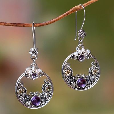 Alternate image for Pearl and Amethyst Earrings from Balinese Artisan Frangipani Moons