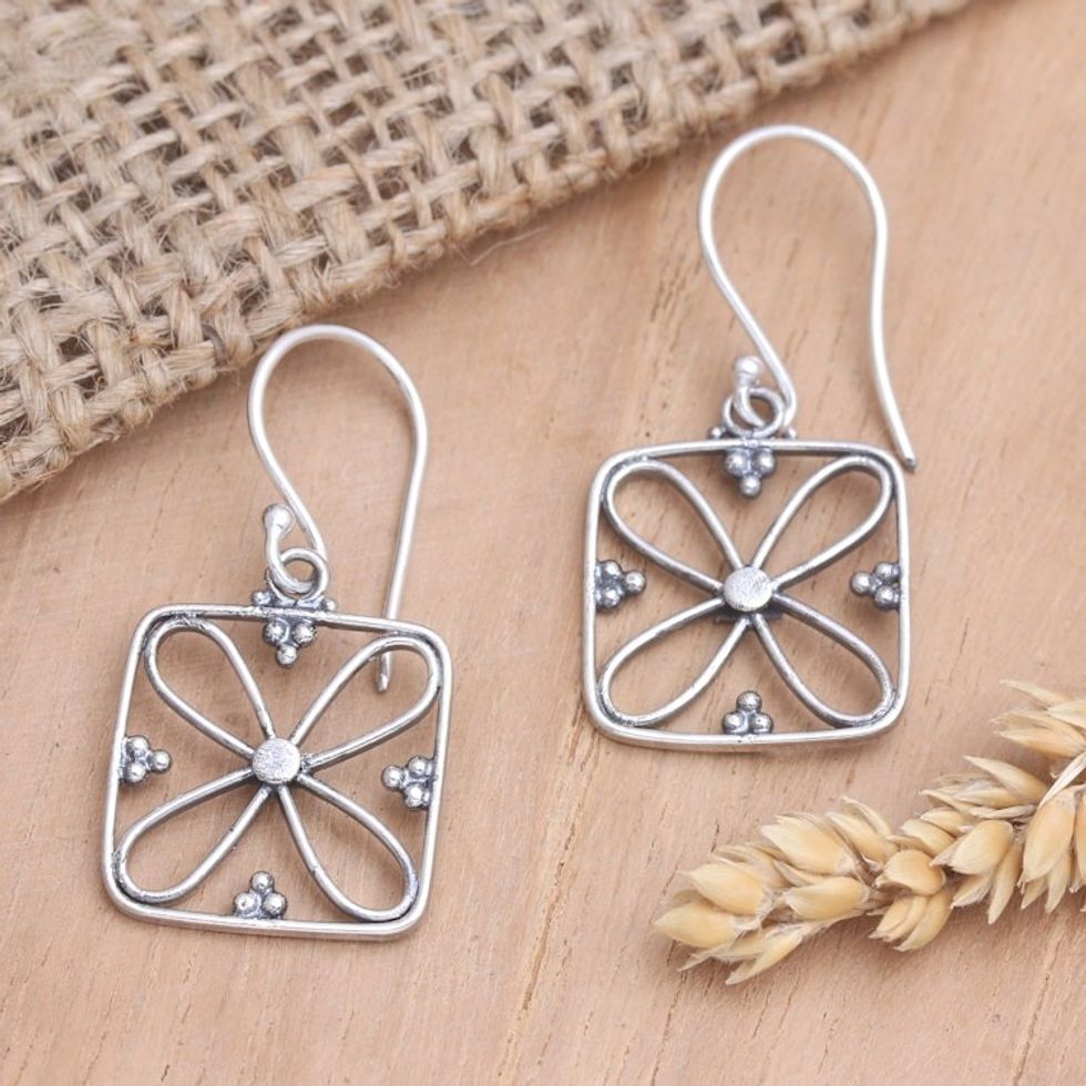 Handmade Balinese Floral 925 Sterling Silver Dangle Earrings 'Four Petal Corners'