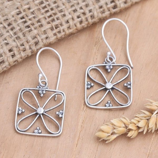 Alternate image for Handmade Balinese Floral 925 Sterling Silver Dangle Earrings Four Petal Corners