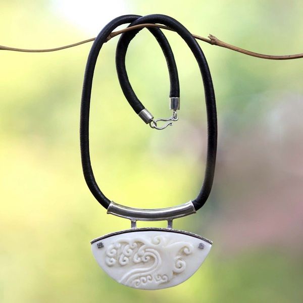 Alternate image for Unique Leather and Cow Bone Necklace Ocean Wave