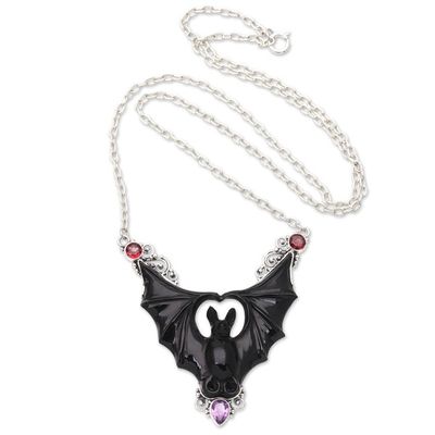 Alternate image for Horn Amethyst Garnet  Sterling Silver Bat Pendant Necklace Midnight Bat