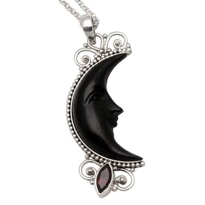 Alternate image for Silver and Garnet Moon Necklace with Water Buffalo Horn Dark Crescent Moon