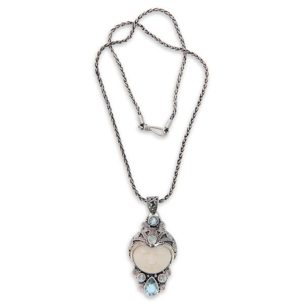 Alternate image for Carved Bone and Blue Topaz Silver Pendant Necklace Dayang Sumbi