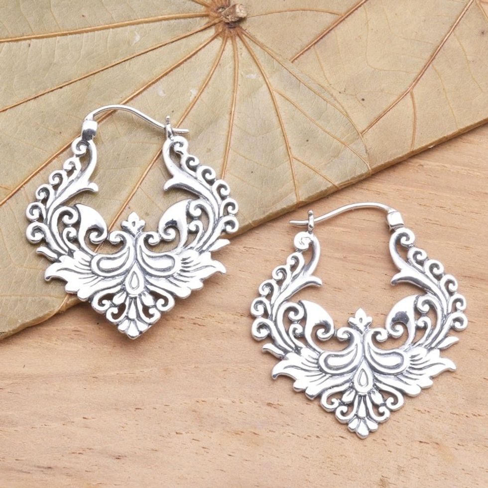 Ornate Balinese Sterling Silver Hoop Earrings 'Floral Flame'