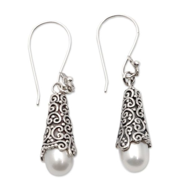 Alternate image for Sterling Silver and Cultured Pearl Dangle Earrings White Arabesque Dewdrop