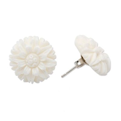 Alternate image for Hand-Carved Floral Button Earrings with Sterling Silver Post Pure Spring
