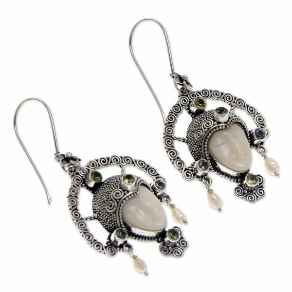 Alternate image for Blue Topaz and Cow Bone Silver Earrings Queen of Plumeria