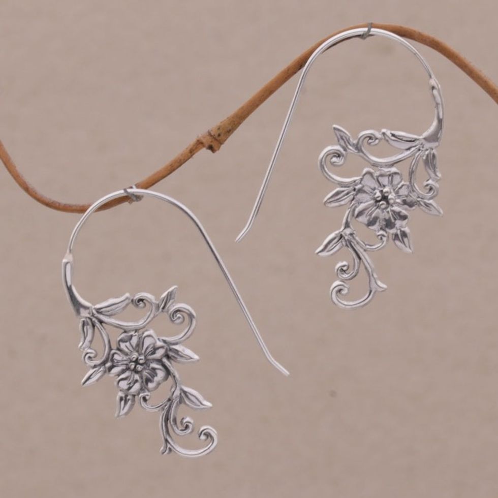 Indonesian Handmade Sterling Silver Flower Drop Earrings 'Floral Vines'