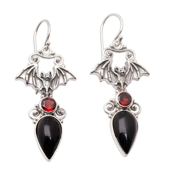 Alternate image for Bat-Themed Sterling Silver Dangle Earrings with Garnet Stone Winged Appeal