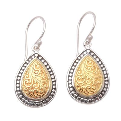 Alternate image for Swirl Pattern Gold Accented Sterling Silver Dangle Earrings Droplet Frames