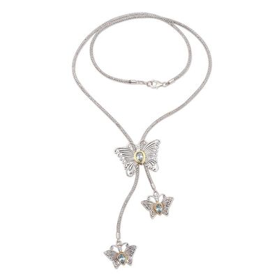Alternate image for Gold Accented Blue Topaz Butterfly Lariat Necklace Butterfly Trio