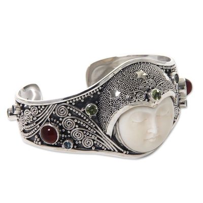 Alternate image for Handmade Cuff Bracelet with Gemstones, Bone, and Silver Moon Queen