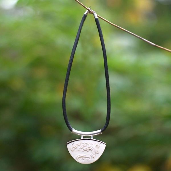 Alternate image for Unique Leather and Cow Bone Necklace Ocean Wave