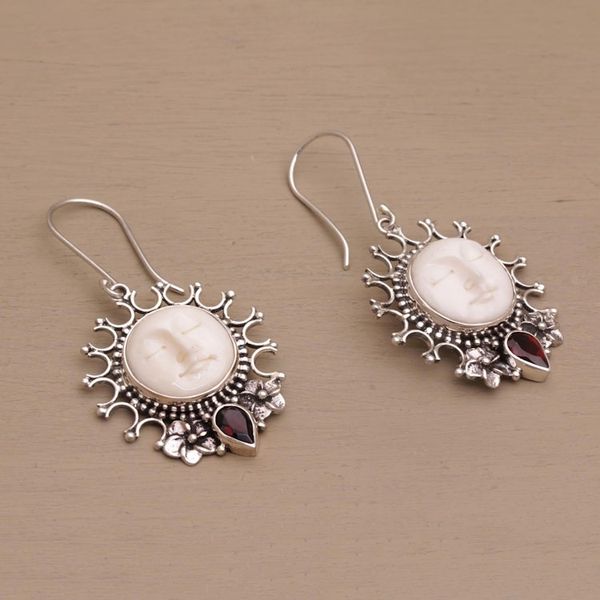 Alternate image for Handcrafted Sun-Themed Garnet Dangle Earrings from Bali Sunny Soul