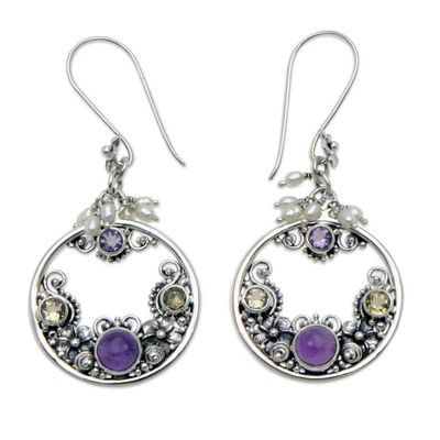 Alternate image for Pearl and Amethyst Earrings from Balinese Artisan Frangipani Moons
