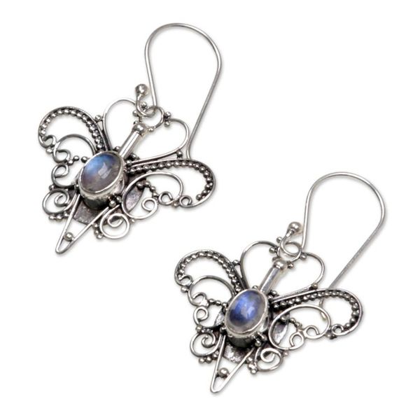 Alternate image for Rainbow Moonstone Sterling Silver Dangle Earrings Butterfly Love