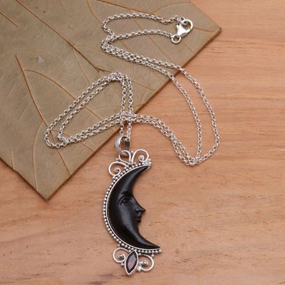 Alternate image for Silver and Garnet Moon Necklace with Water Buffalo Horn Dark Crescent Moon