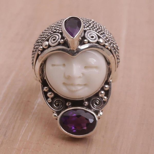 Alternate image for Amethyst and 925 Silver Face Shaped Ring from Bali Moonlight Prince