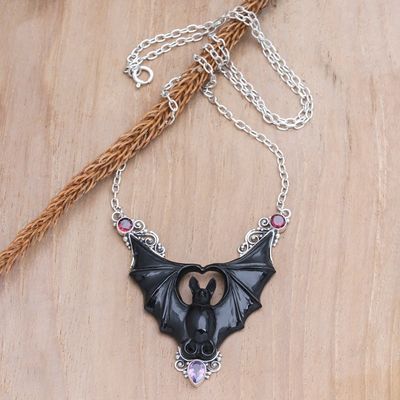 Alternate image for Horn Amethyst Garnet  Sterling Silver Bat Pendant Necklace Midnight Bat